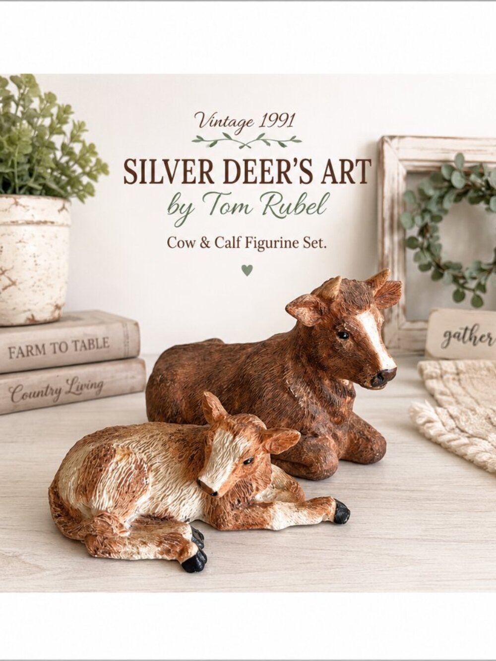 Vintage Silver Deer's Art Tom Rubel Cow & Calf Figurine Set 1991 Rustic Farmhous